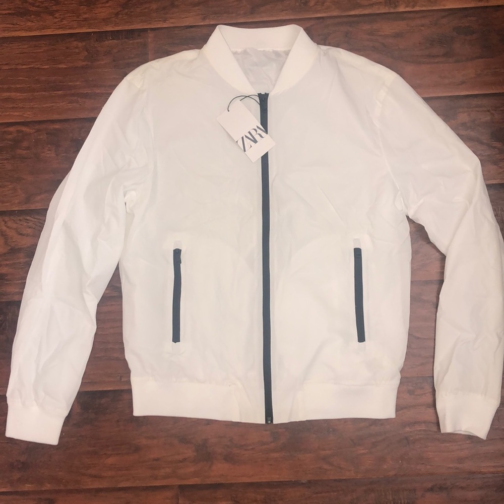 MENS WHITE LARGE ZARA ZIP UP BOMBER JACKET